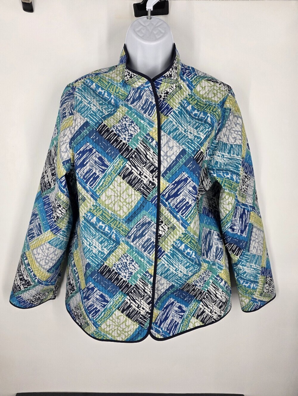 Alfred Dunner Quilted Patchwork Jacket 10 Blue Green Abstract Geometric Open